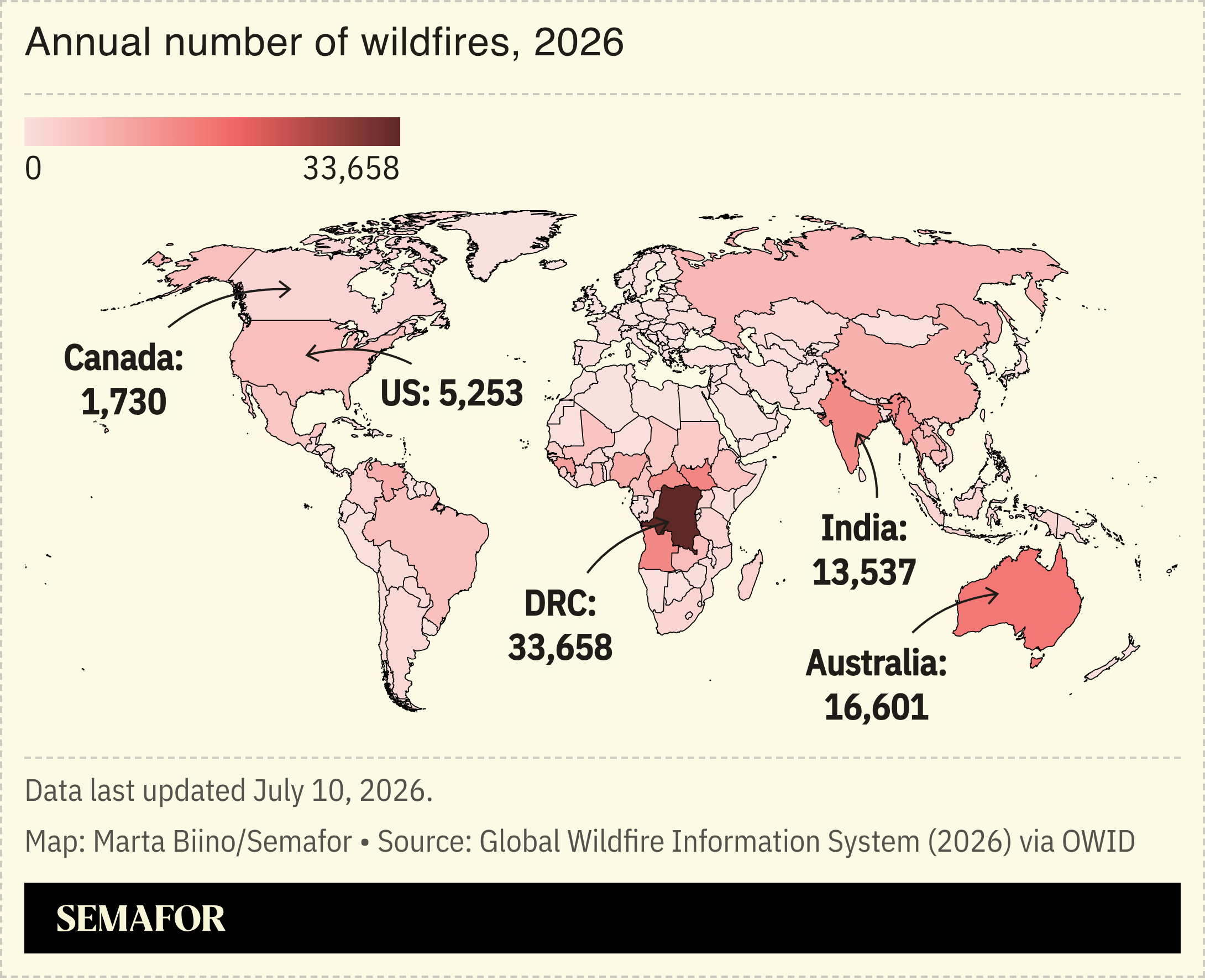A map showing the annual number of wildfires in 2026.