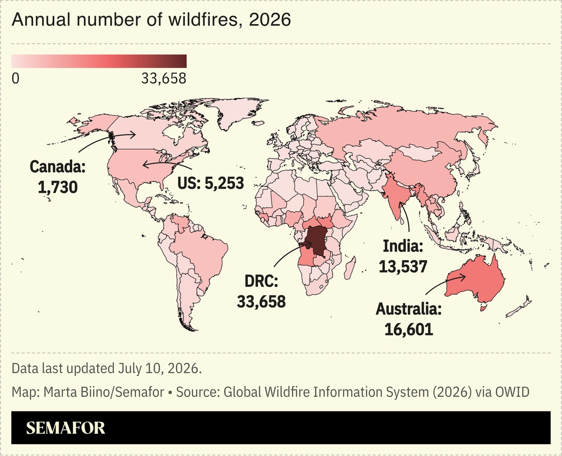 A map showing the annual number of wildfires in 2026.