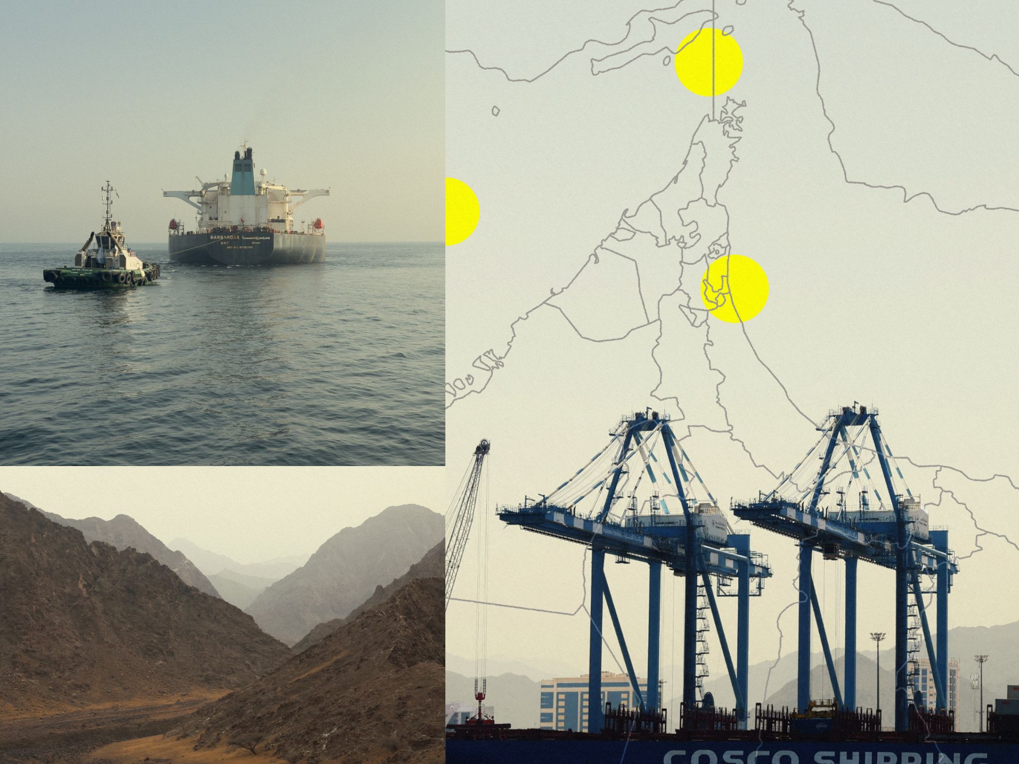 Ships, terminal, and mountains in Fujairah.