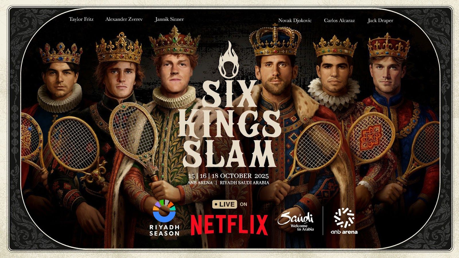 Promotional photo for the Six Kings Slam tennis tournament.