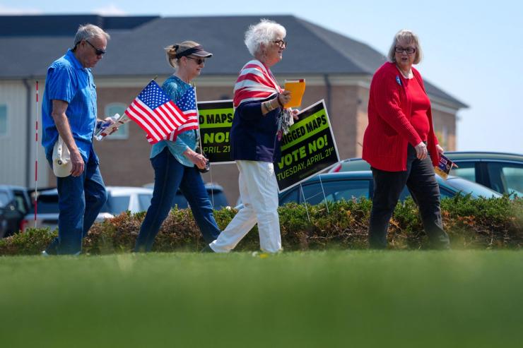 Supporters depart a campaign rally against Virginia Democrats’ proposed state redistricting constitutional amendment ahead of the referendum special election on April 21, in Bridgewater, Virginia