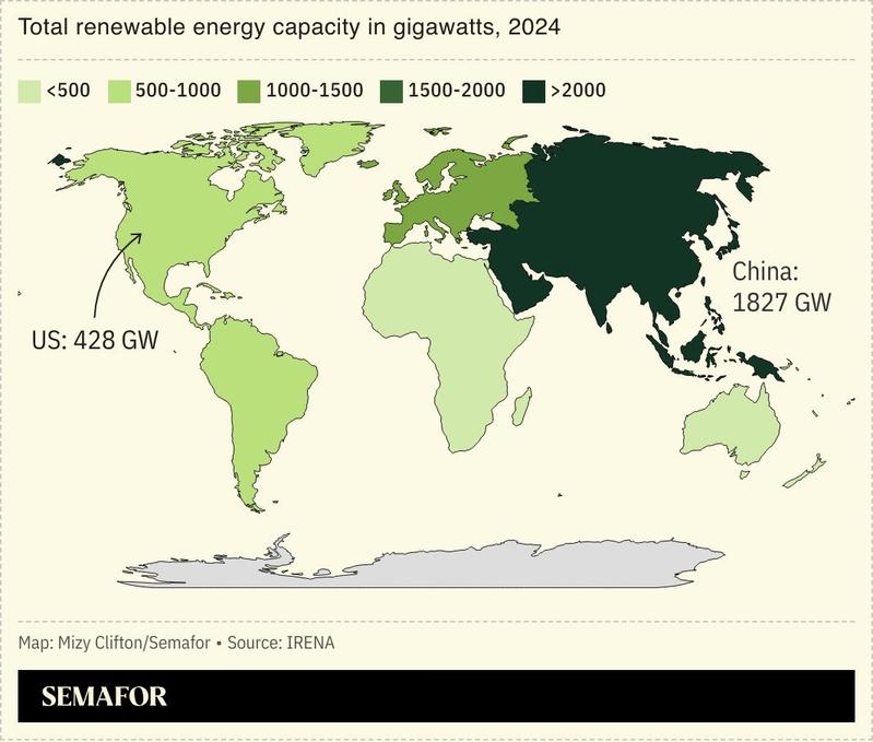 A map showing total renewable energy capacity in gigawatts, 2024