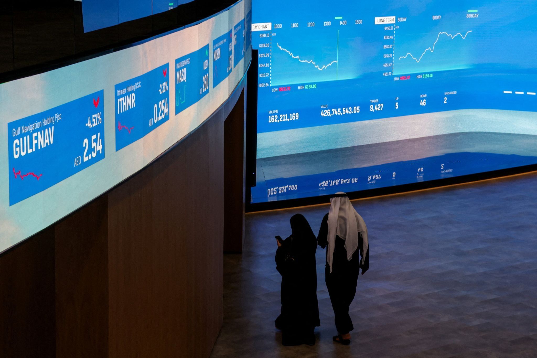 People walk near screens displaying stock information at the Dubai Financial Market