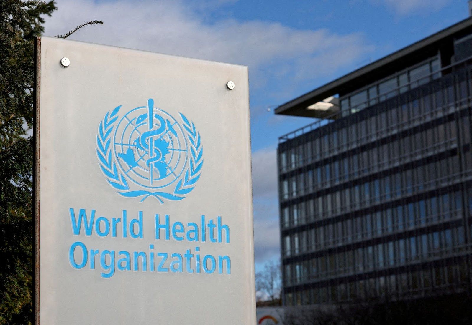 World Health Organization sign outside the building’s Geneva headquarters.