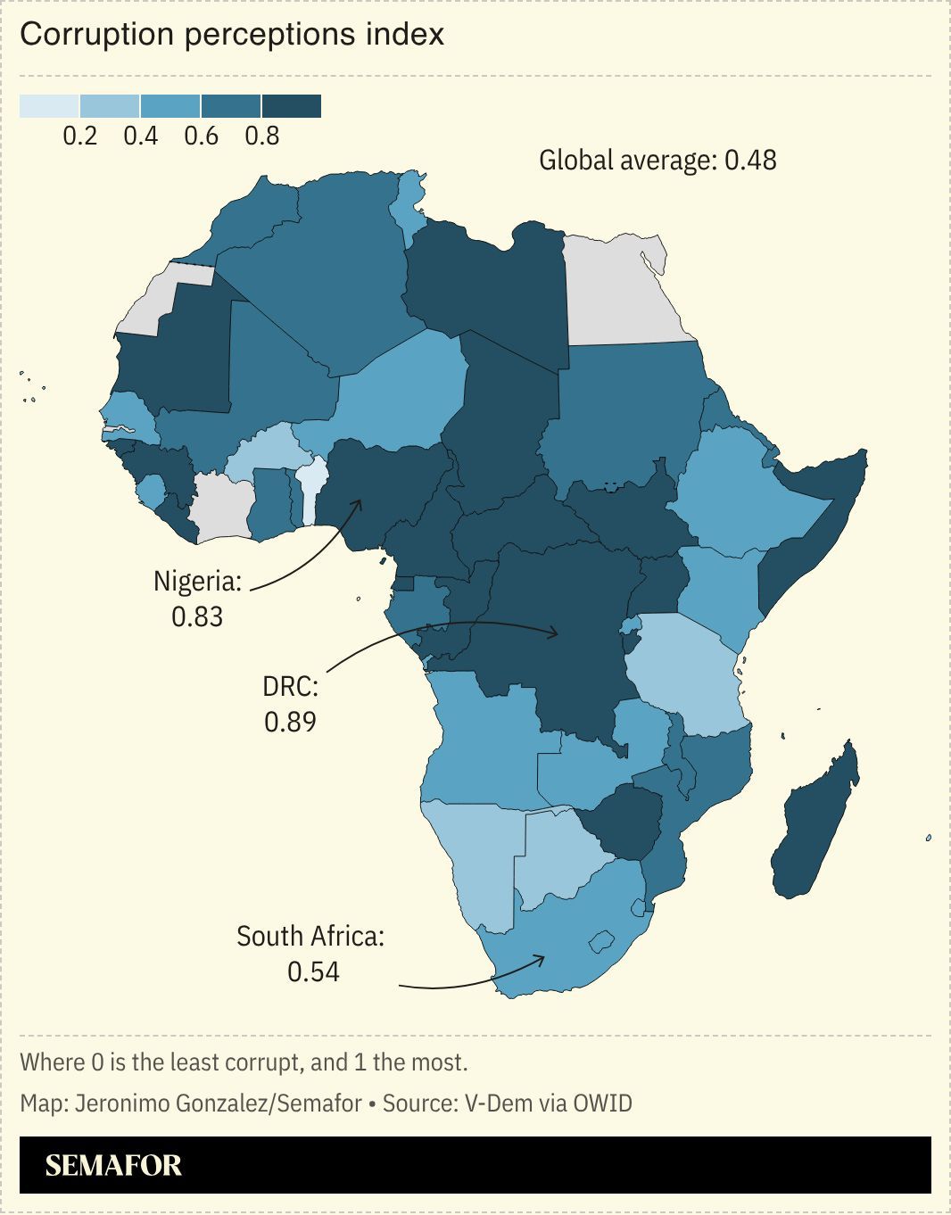 A map showing corruption in Africa. 