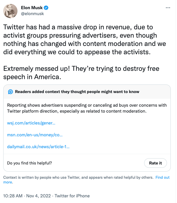 A box adding additional context to Elon Musk’s tweet, before it disappeared.
