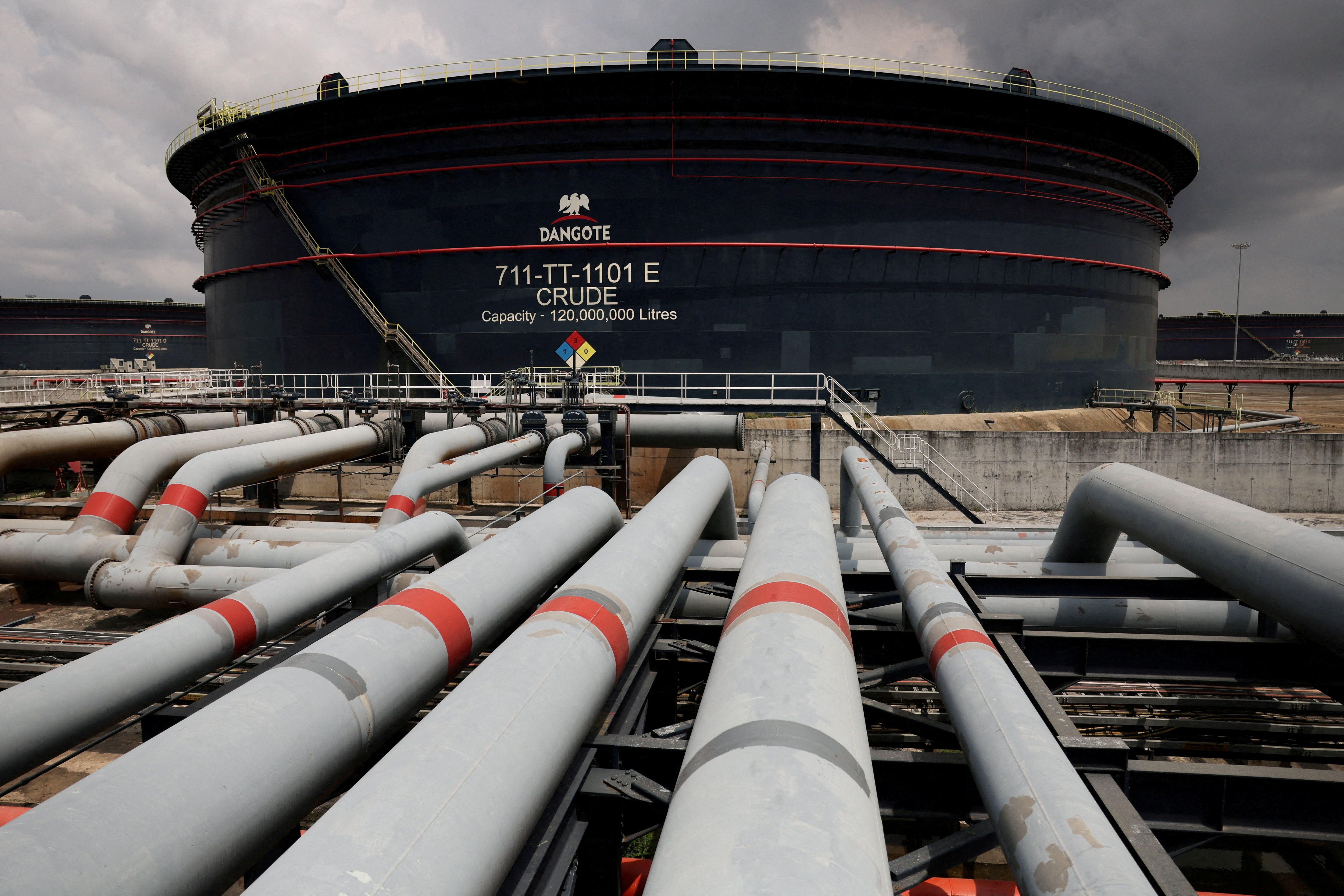 A Dangote crude oil tank is seen inside the Dangote refinery Lagos, Nigeria.