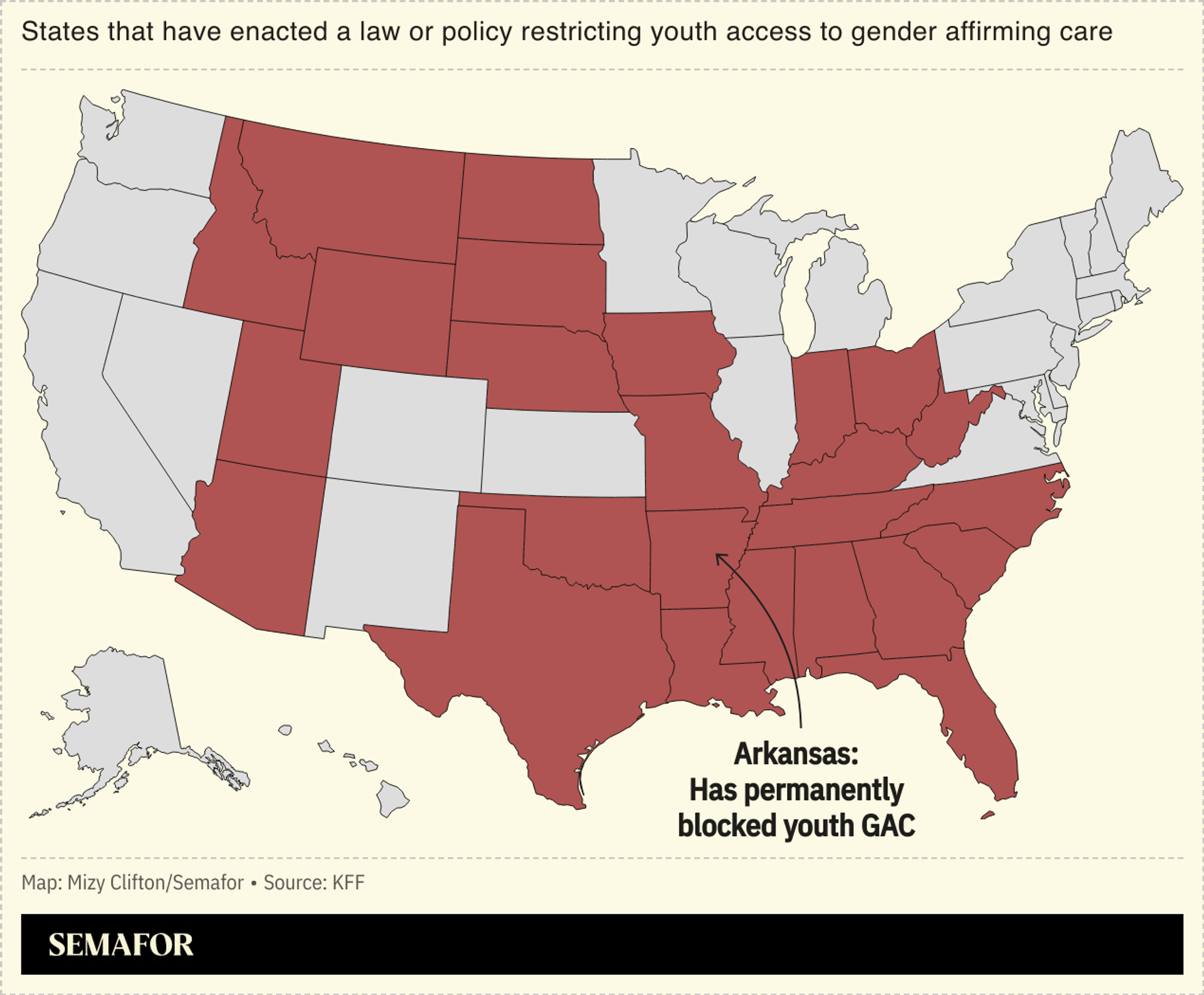 States that have enacted a law or policy restricting youth access to gender affirming care 