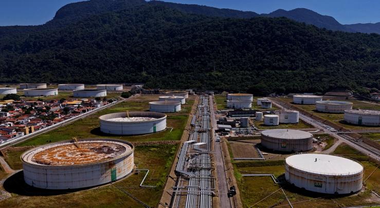 A drone view shows pipelines and tanks at Petrobras distribution terminal operated by Transpetro.