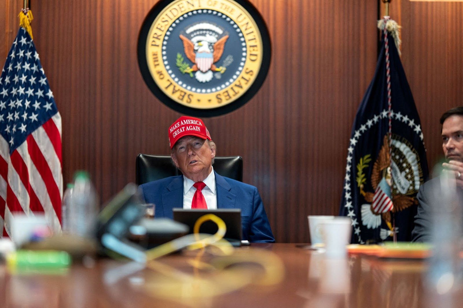 President Donald Trump holds a meeting in the Situation Room at the White House in Washington.