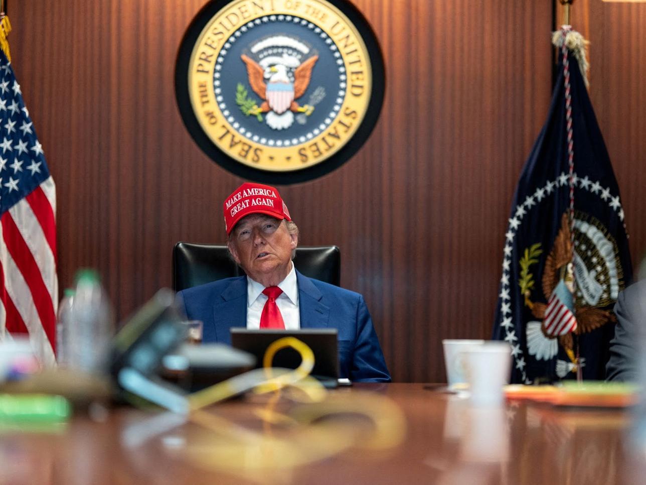 President Donald Trump holds a meeting in the Situation Room at the White House in Washington.