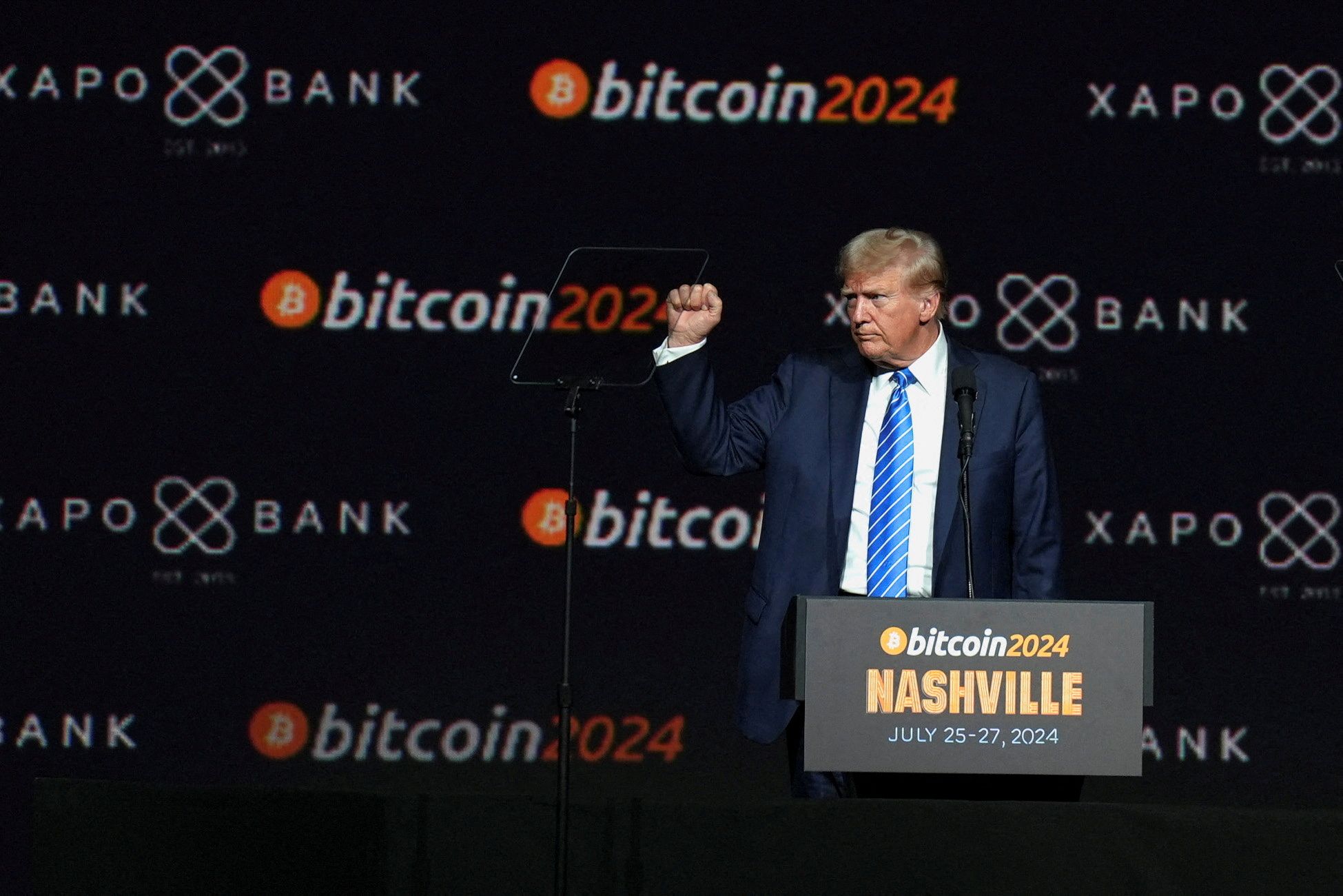 Donald Trump gestures at the Bitcoin 2024 event in Nashville, Tennessee, U.S., July 27, 2024. 