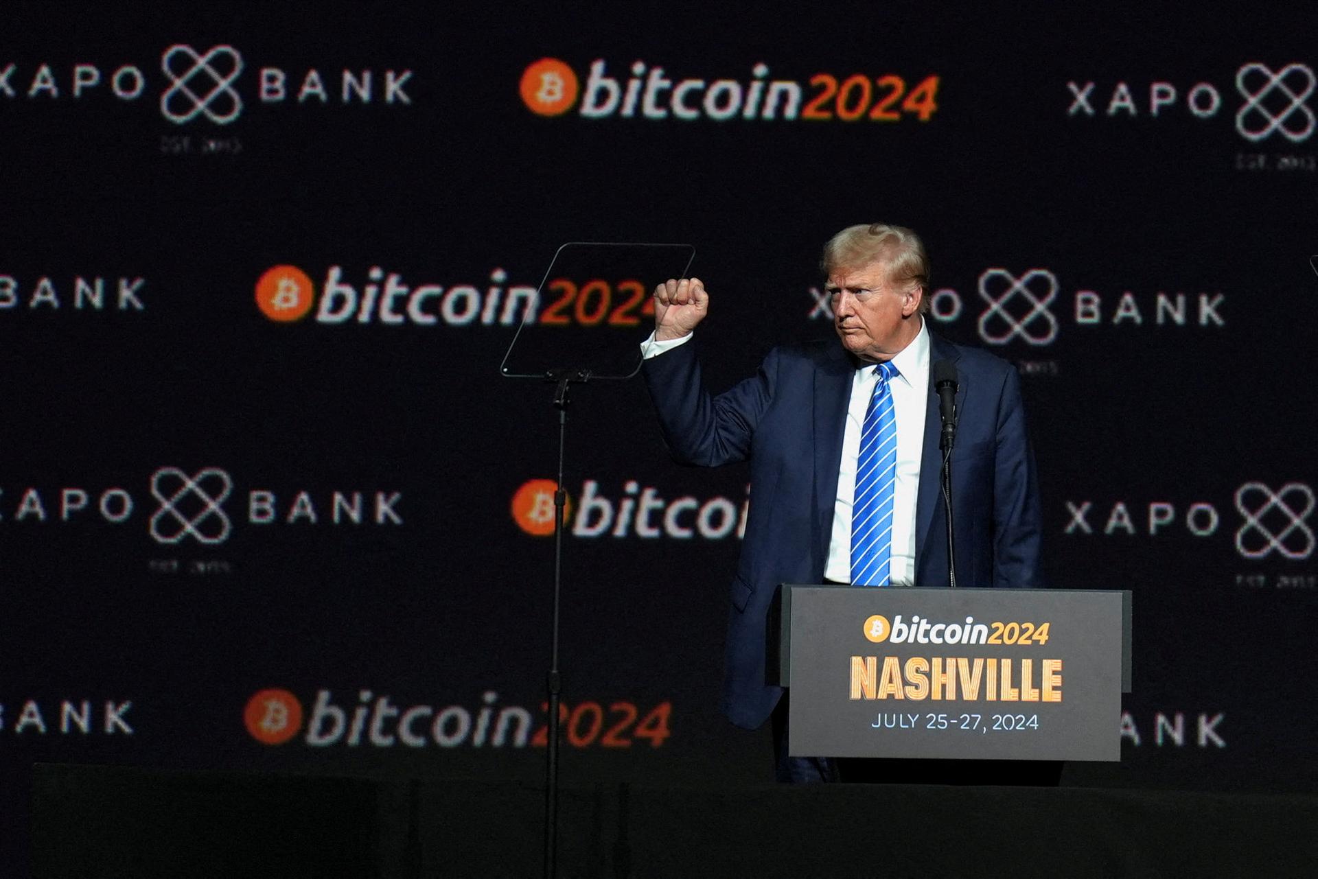 Donald Trump gestures at the Bitcoin 2024 event in Nashville, Tennessee, U.S., July 27, 2024. 