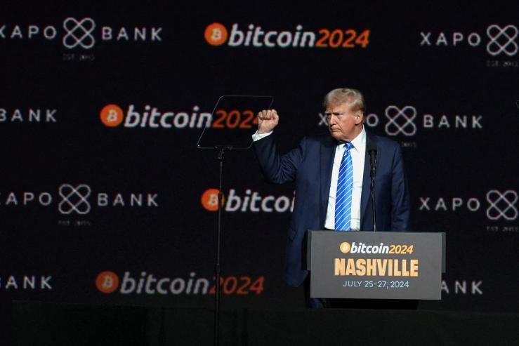 Donald Trump gestures at the Bitcoin 2024 event in Nashville, Tennessee, U.S., July 27, 2024.