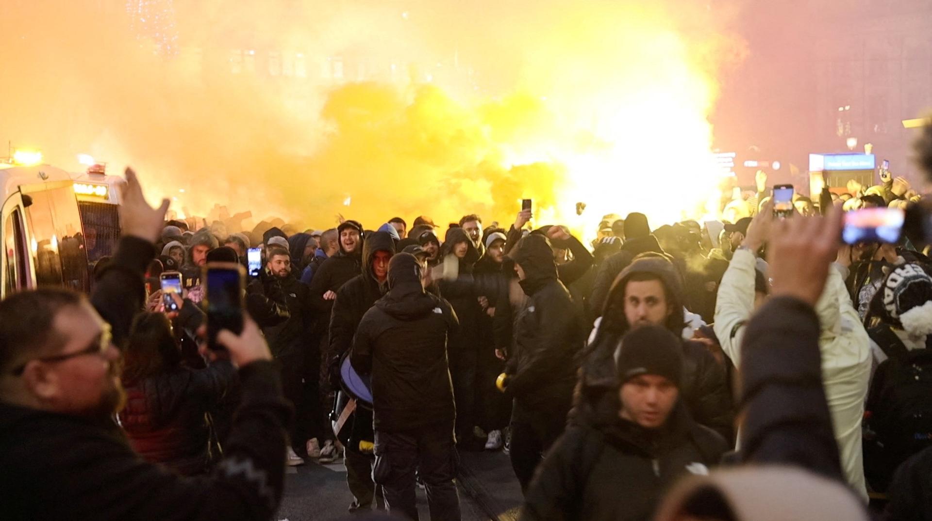 Israeli Maccabi Tel Aviv supporters demonstrate and light flares in Amsterdam, Netherlands, November 7, 2024, in this screengrab obtained from a social media video