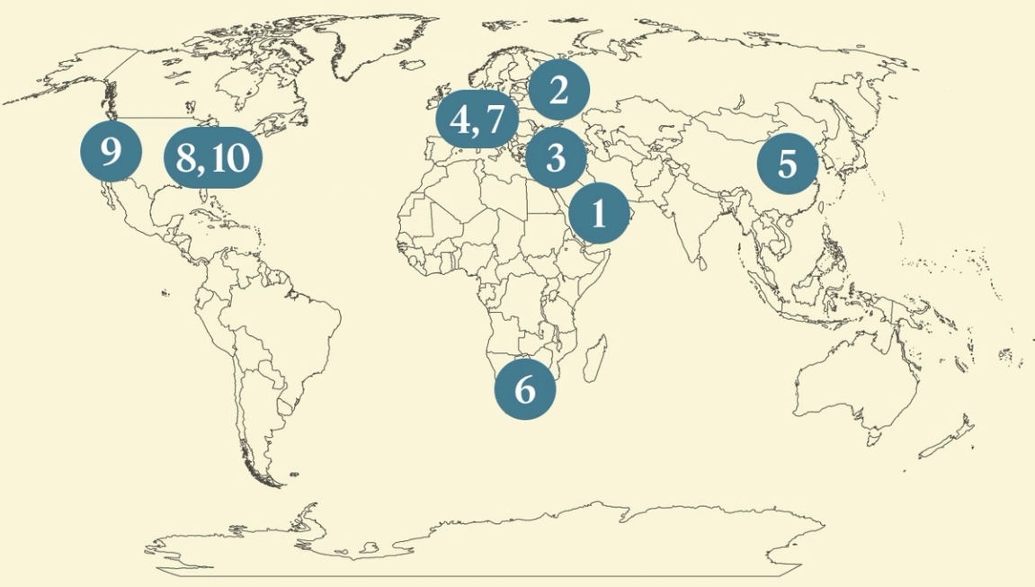 A numberd map of the world.
