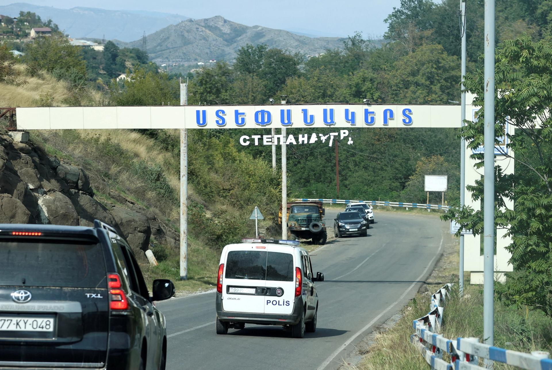 A damaged entrance sign of Stepanakert city, known as Khankendi by Azerbaijan, following a military operation conducted by Azeri armed forces and a further mass exodus of ethnic Armenians from the region of Nagorno-Karabakh in October 2023.