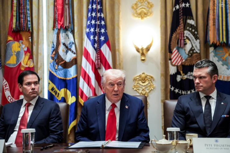 Secretary of State Marco Rubio, President Trump, and Defense Secretary Pete Hegseth during a Cabinet meeting.