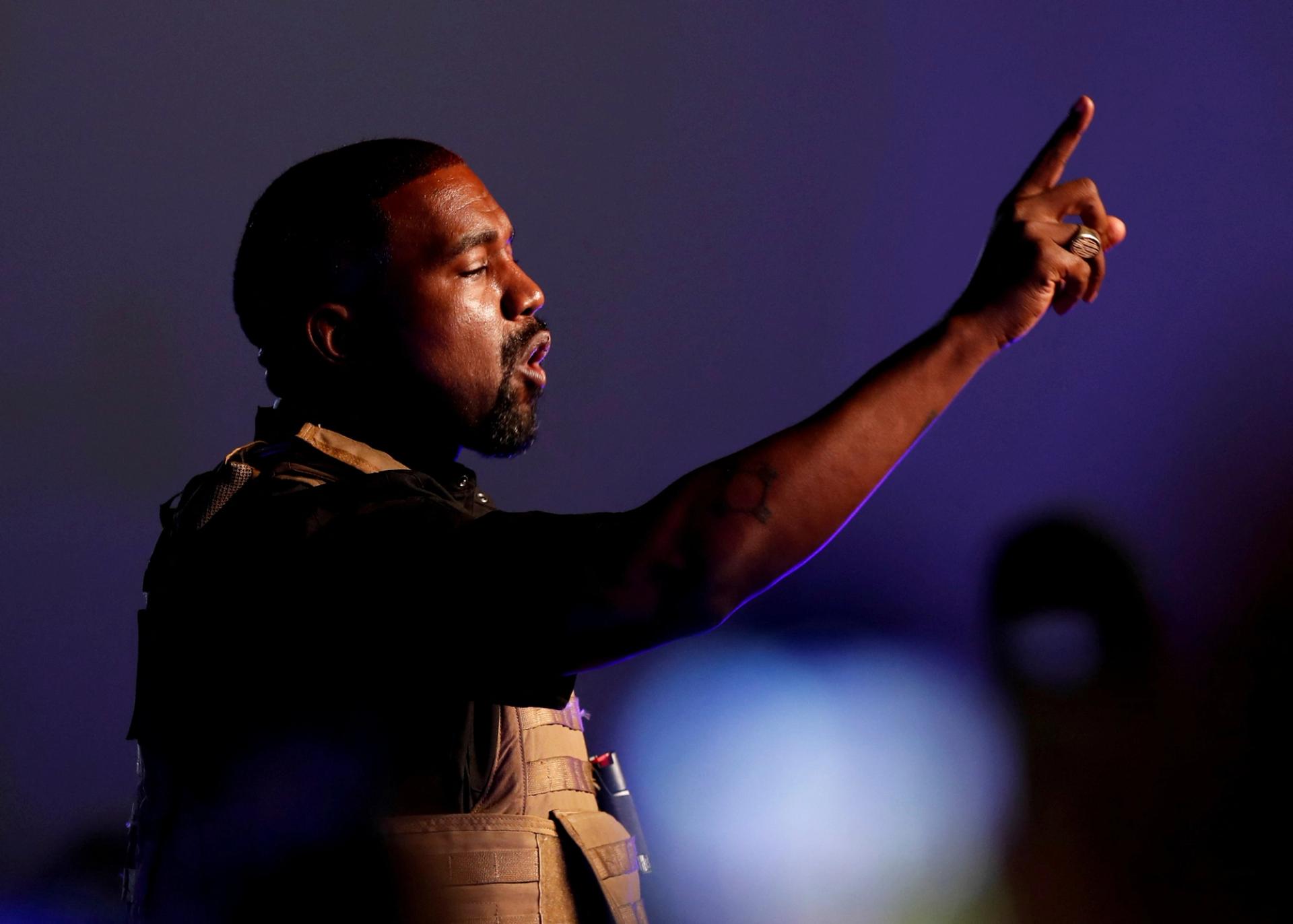 Rapper Kanye West makes a point as he holds his first rally in support of his presidential bid in North Charleston, South Carolina, U.S. July 19, 2020.