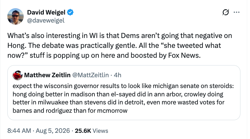 David Weigel post: What’s also interesting in WI is that Dems aren’t going that negative on Hong. The debate was practically gentle. All the “she tweeted what now?” stuff is popping up on here and boosted by Fox News.