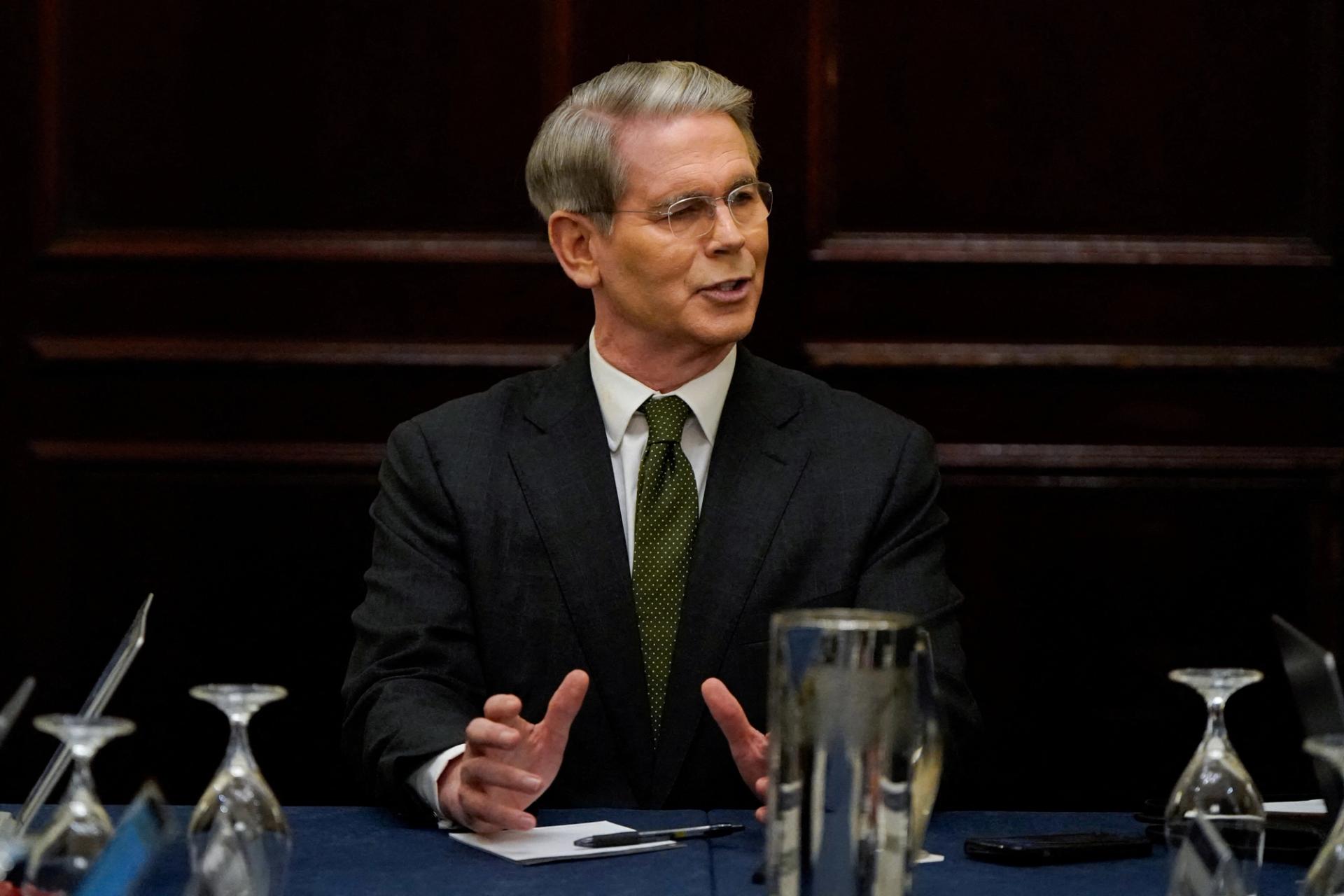 US Treasury Secretary Scott Bessent takes questions from reporters at the Institute of International Finance (IIF) Global Outlook Forum on sidelines of the IMF and World Bank’s 2025 annual Spring Meetings in Washington.