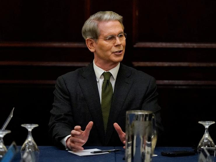 US Treasury Secretary Scott Bessent takes questions from reporters at the Institute of International Finance (IIF) Global Outlook Forum on sidelines of the IMF and World Bank’s 2025 annual Spring Meetings in Washington.