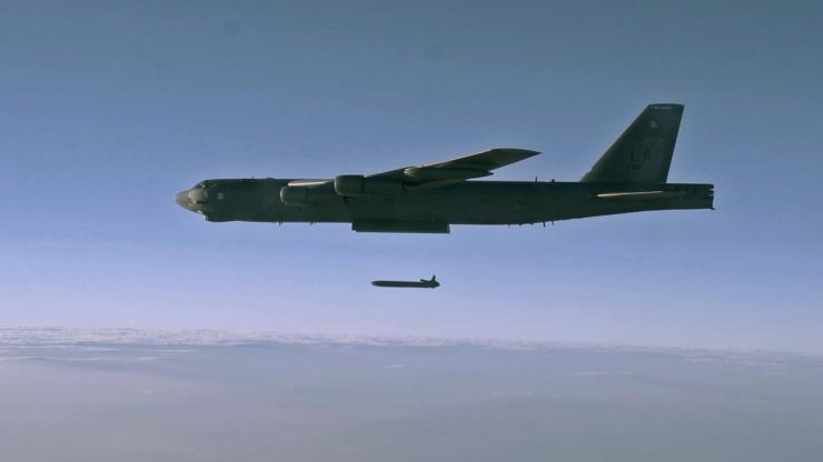 An unarmed AGM-86B Air-Launched Cruise Missile is released from a B-52H Stratofortress over the Utah Test and Training Range during a Nuclear Weapons System Evaluation Program sortie.