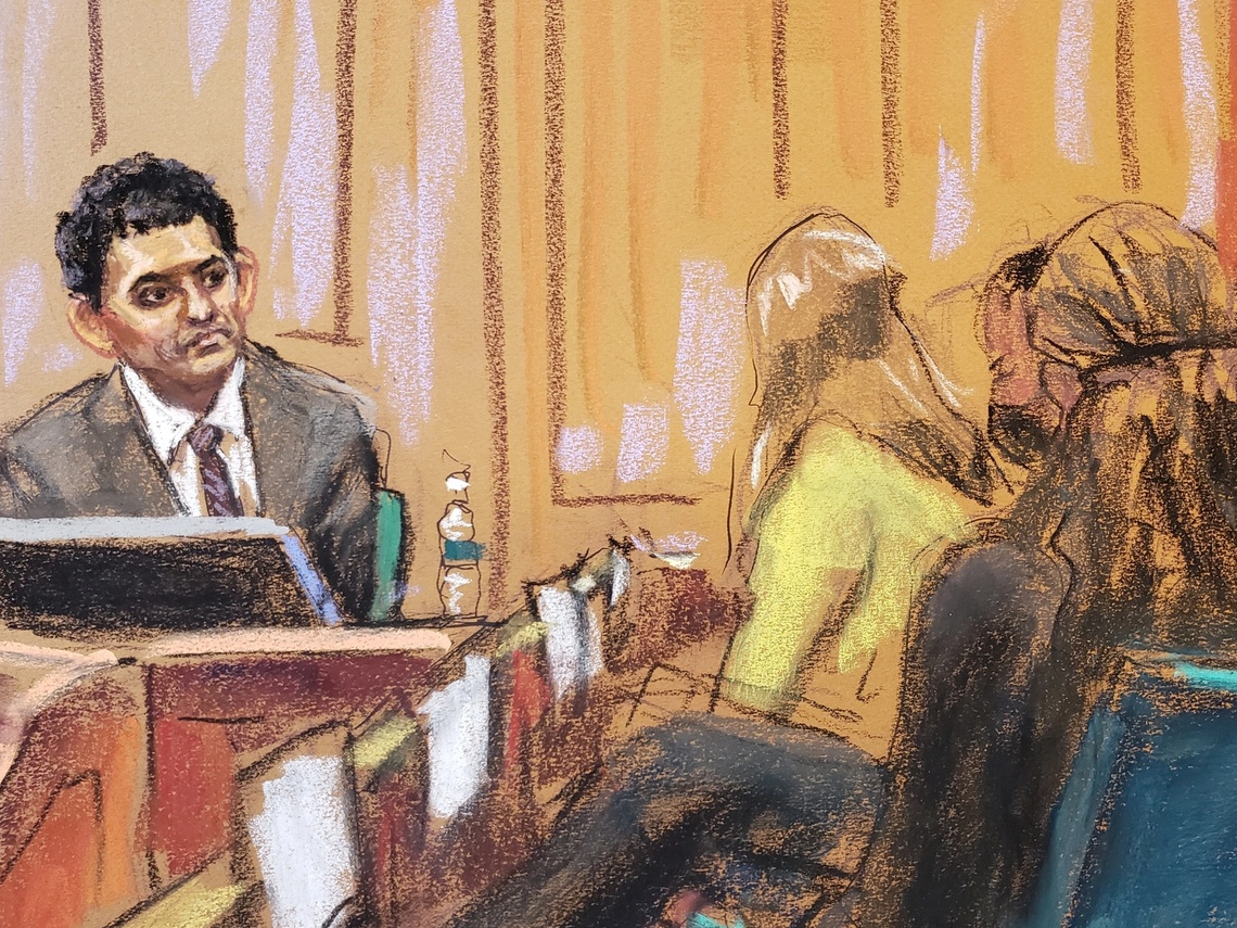 FTX founder Sam Bankman-Fried testifies in his fraud trial, in this courtroom sketch.