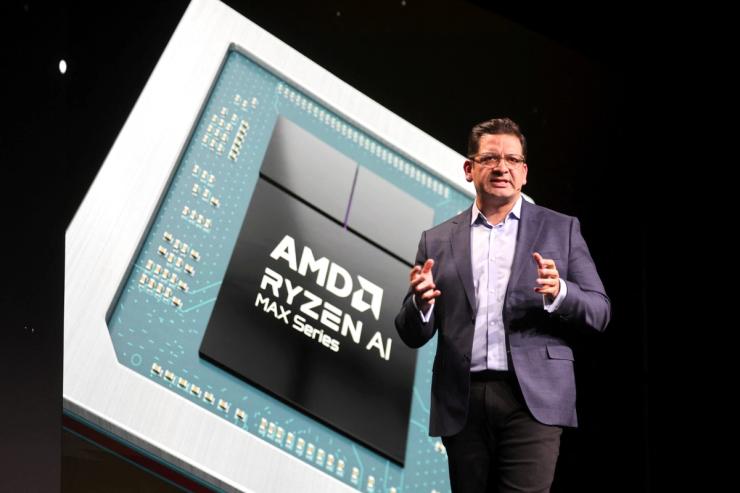 Rahul Tikoo, senior vice president and general manager of Client Business Unit for AMD, talks about the Ryzen AI Max processor for laptops during an AMD news conference at CES 2025.