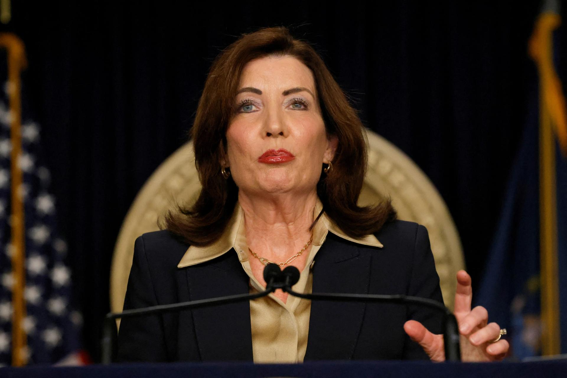 New York Governor Kathy Hochul speaks at a press conference in Manhattan in February.