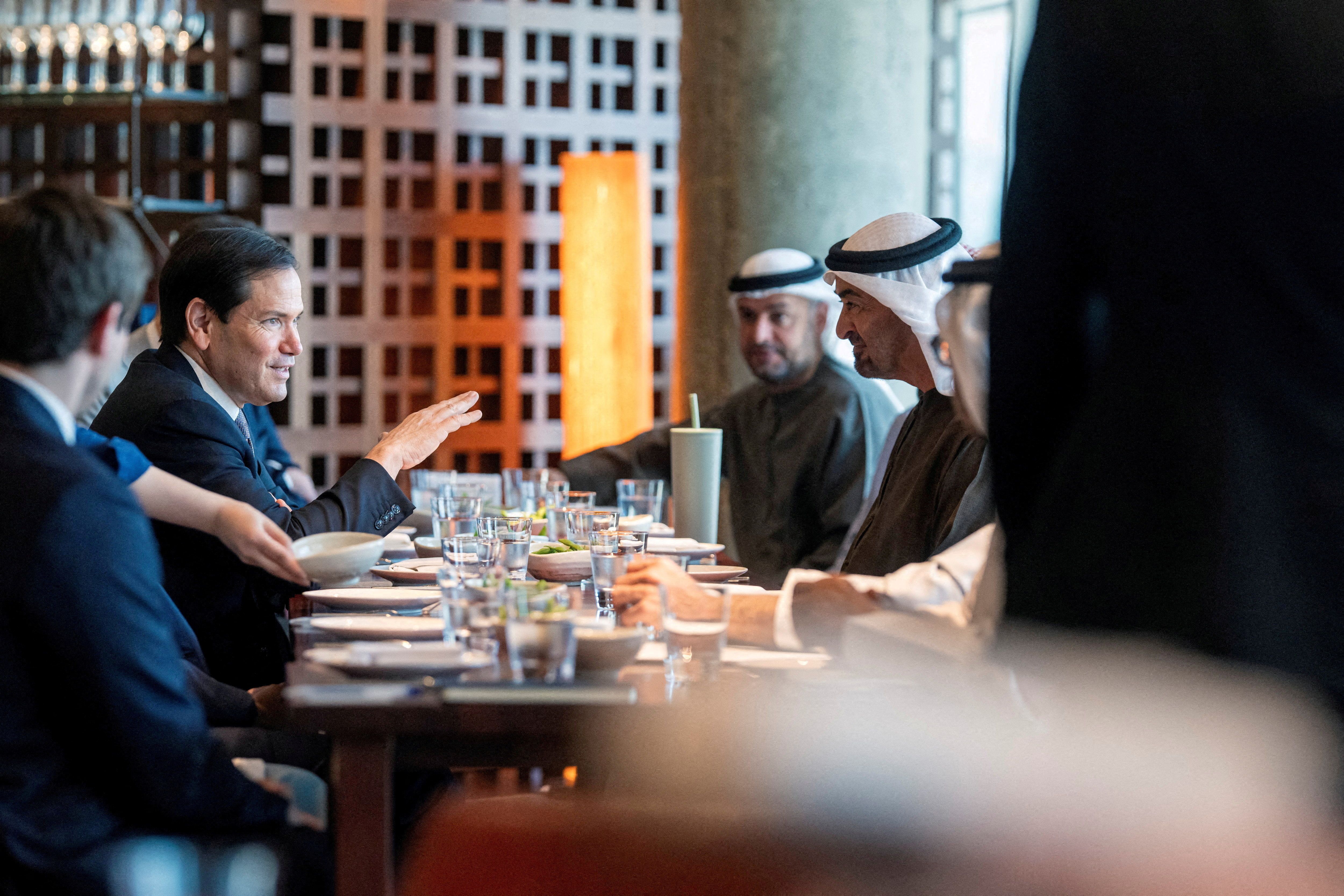 Sheikh Mohamed bin Zayed Al Nahyan, President of the United Arab Emirates, and Marco Rubio, Secretary of State of of the United States of America, meet at Zuma restaurant, at Al Maryah Island, Abu Dhabi, United Arab Emirates.