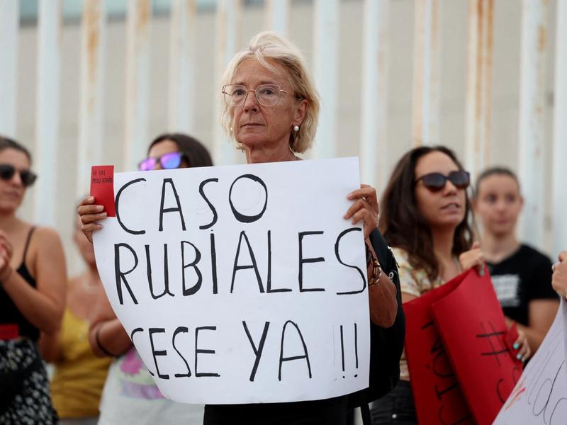 People protest outside the Spanish Soccer Federation