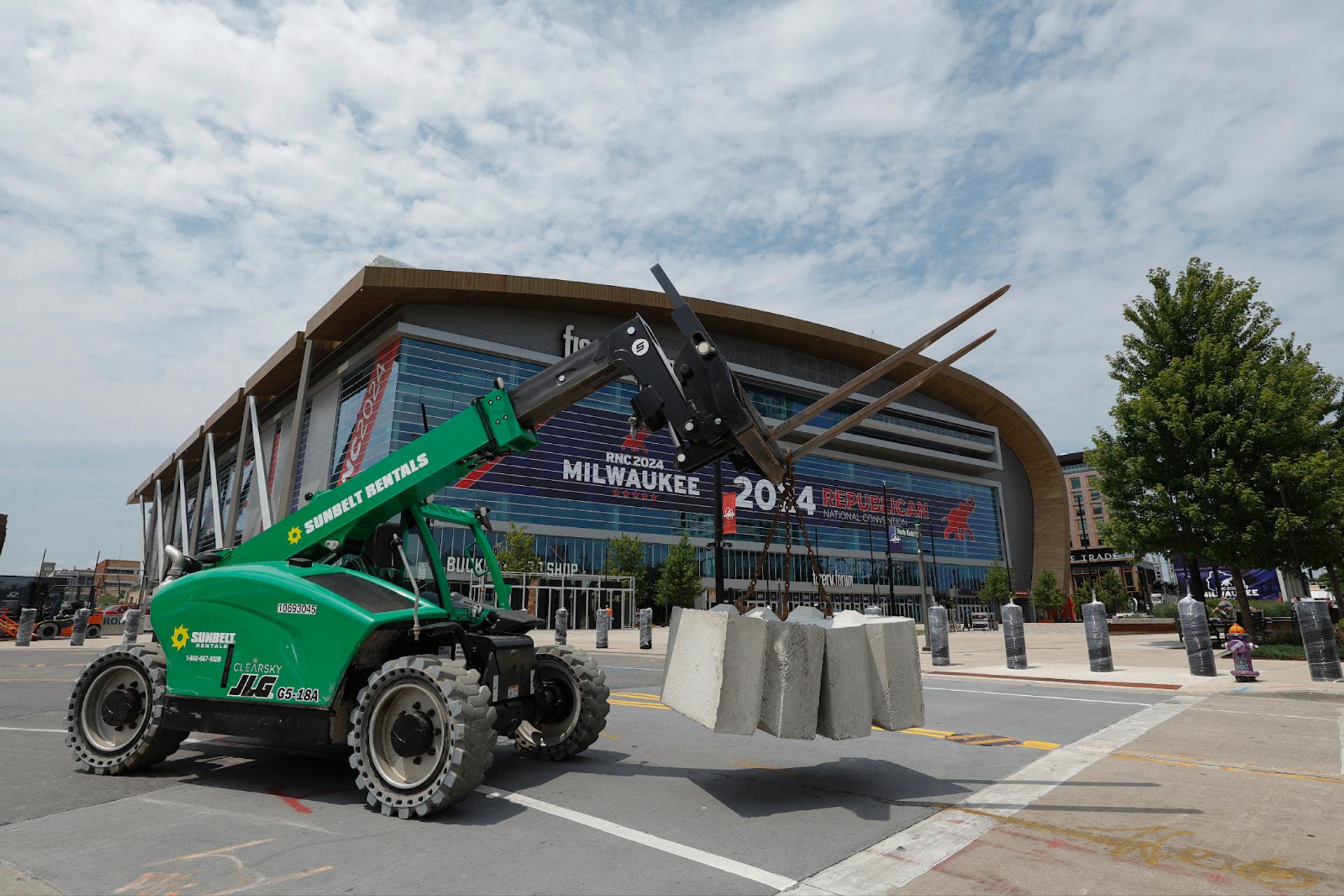 Security barricades are being set up outside the Fiserv Forum ahead of the 2024 Republican National Convention on July 11, 2024, in Milwaukee, Wisconsin