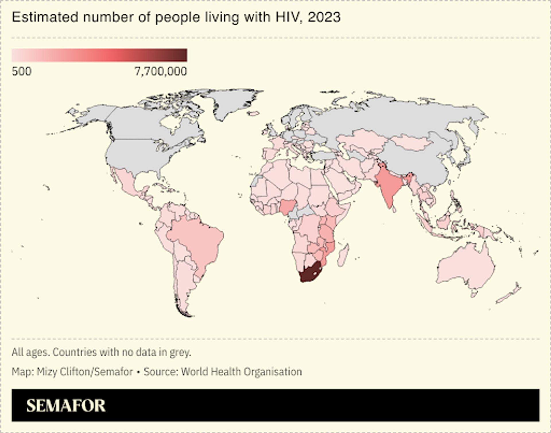 A chart showing the estimated number of people living with HIV globally.