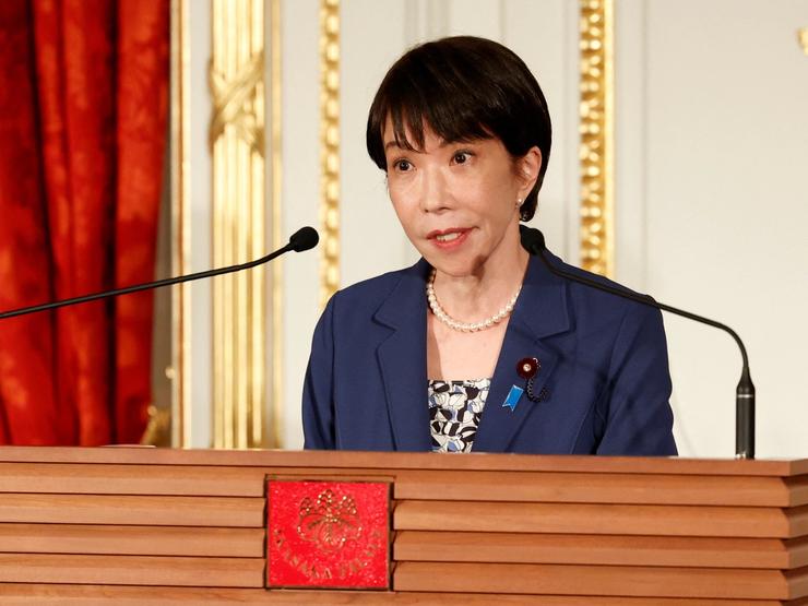 Japanese Prime Minister Sanae Takaichi attends a press conference.