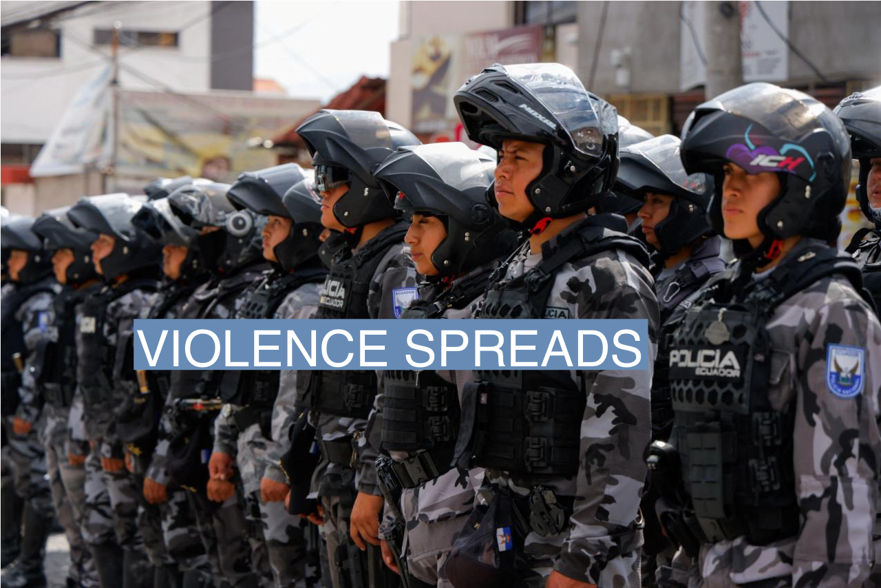 Police officers stand in formation on Jan. 8 outside El Inca prison following riots that broke out after the leader of the Los Choneros criminal group escaped.