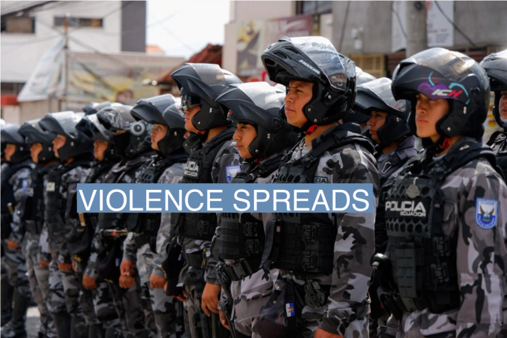Police officers stand in formation on Jan. 8 outside El Inca prison following riots that broke out after the leader of the Los Choneros criminal group escaped.