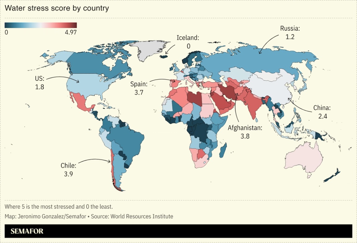 A map showing water stress by country.