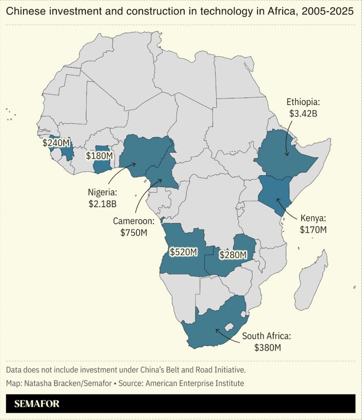 A map showing Chinese investment and construction in technology in Africa.