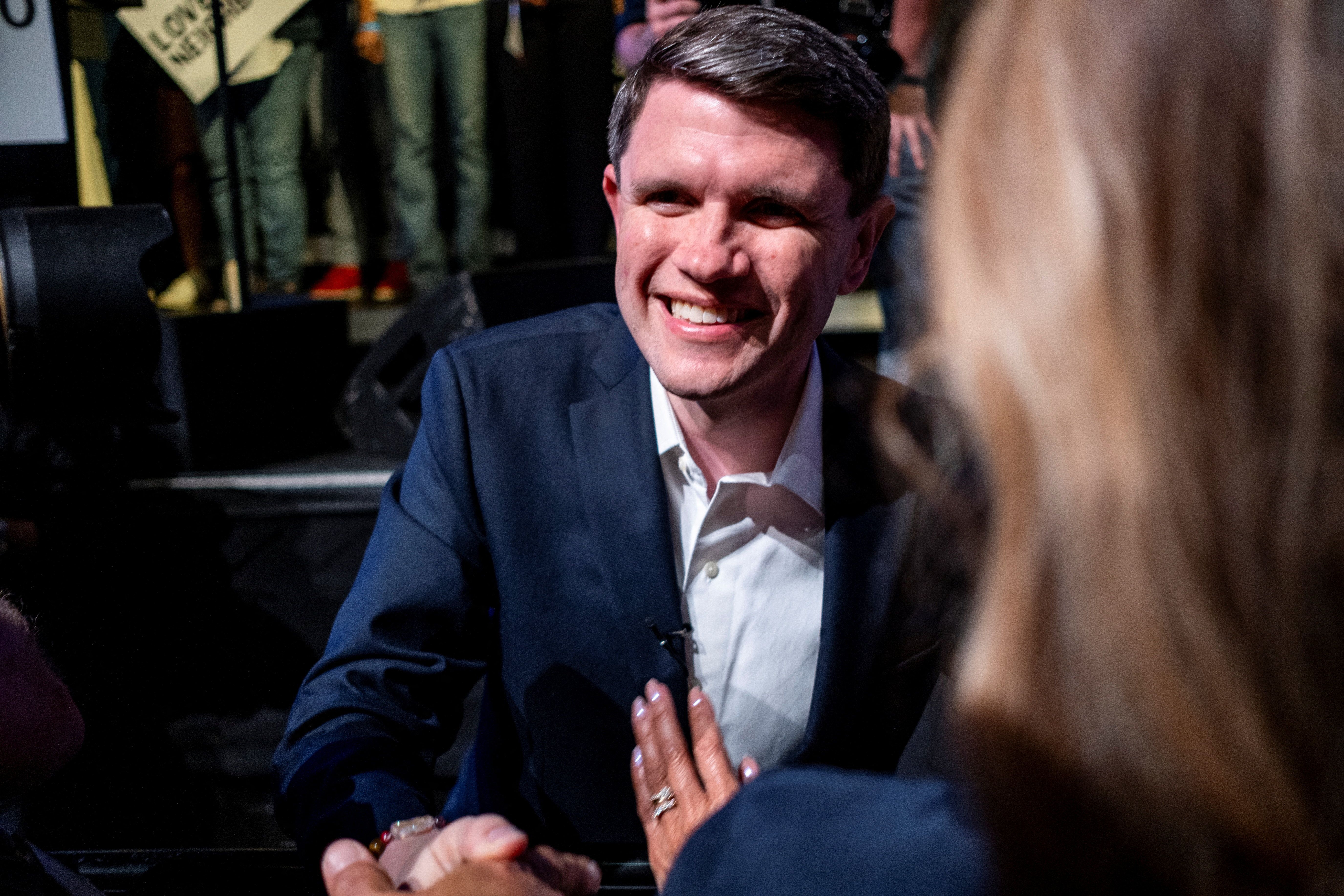 Democratic U.S. Senate candidate for Texas, James Talarico, greets supporters during his primary election night party in Austin, Texas
