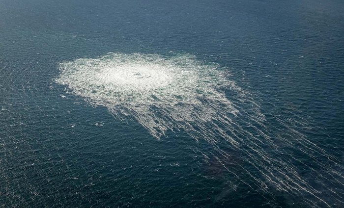 Gas bubbles from the Nord Stream 2 leak reaching surface of the Baltic Sea in the area shows a disturbance of well over one kilometre in diameter near Bornholm, Denmark, September 27, 2022. Danish Defence Command/Handout via REUTERS