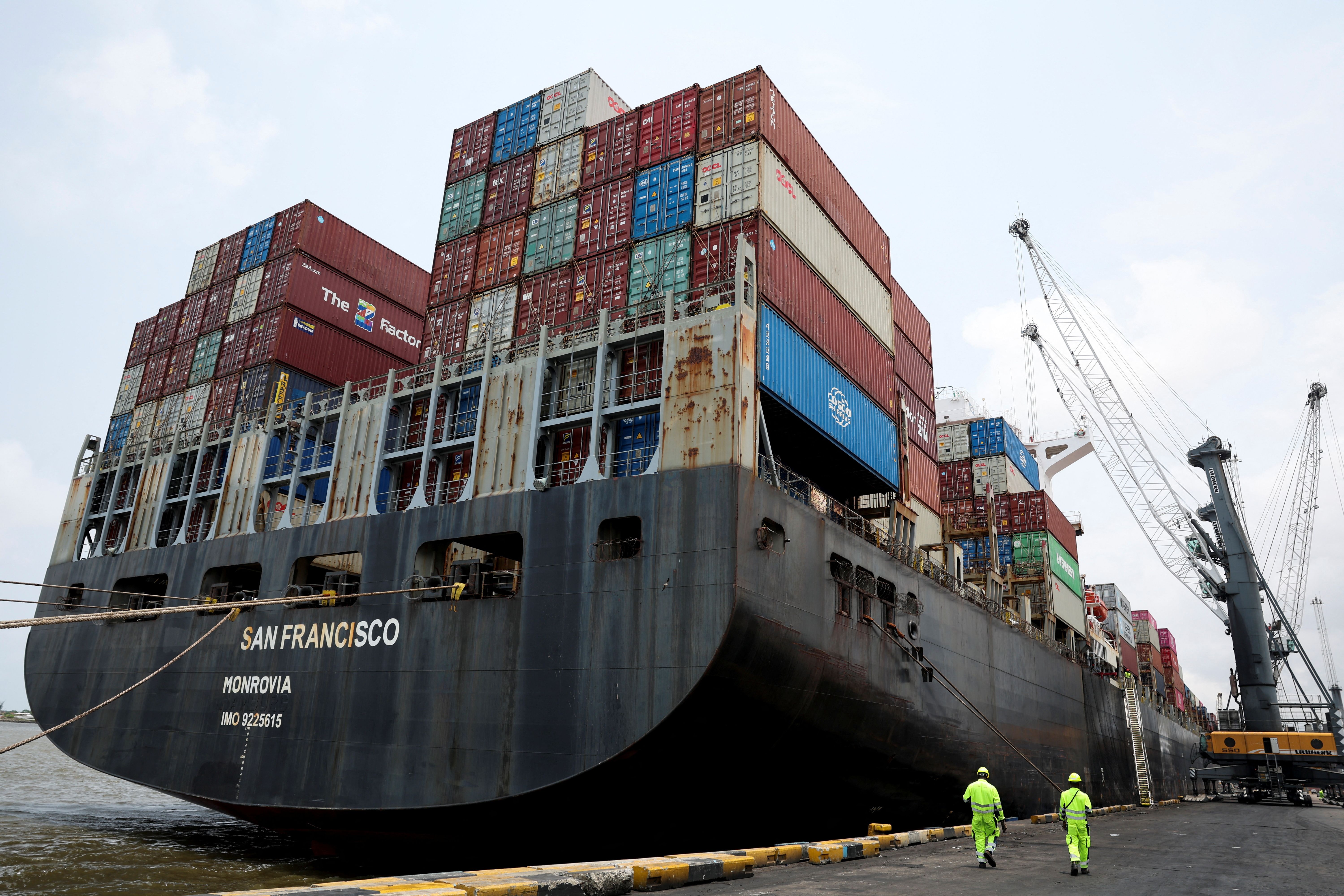 A container ship docked in Nigeria.