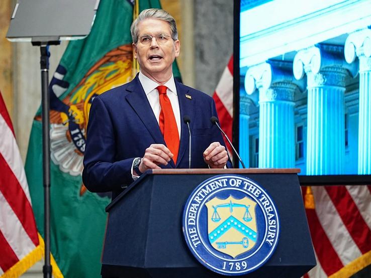 Treasury Secretary Scott Bessent speaks during a press conference to unveil the official Trump Accounts website, at the Treasury Department in Washington.