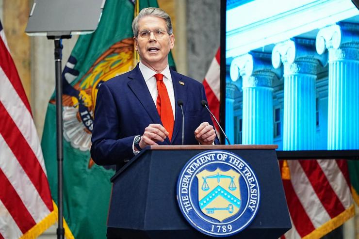 Treasury Secretary Scott Bessent speaks during a press conference to unveil the official Trump Accounts website, at the Treasury Department in Washington.