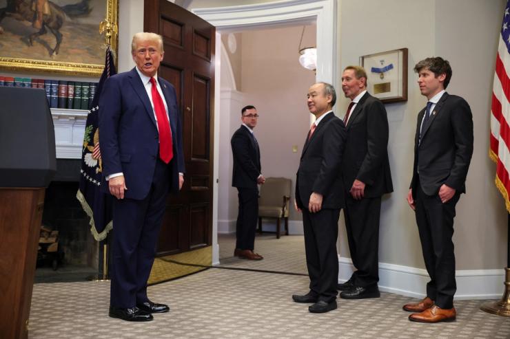 US President Donald Trump with Oracle co-founder Larry Ellison, SoftBank CEO Masayoshi Son, and OpenAI CEO Sam Altman in 2025.
