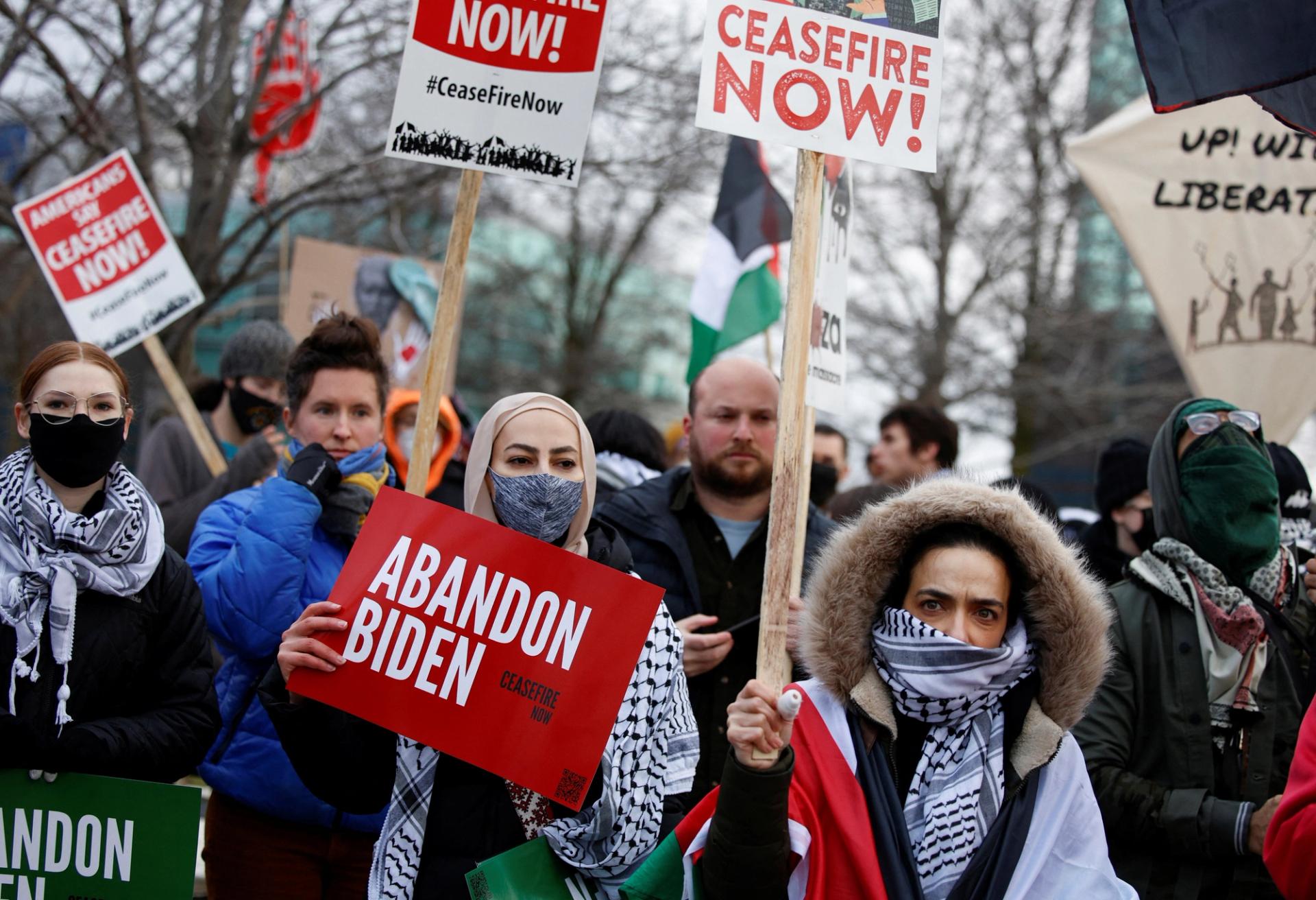 Protesters rally for a cease fire in Gaza outside a UAW union hall during a visit by U.S. President Joe Biden in Warren, Mich., on Feb. 1, 2024.