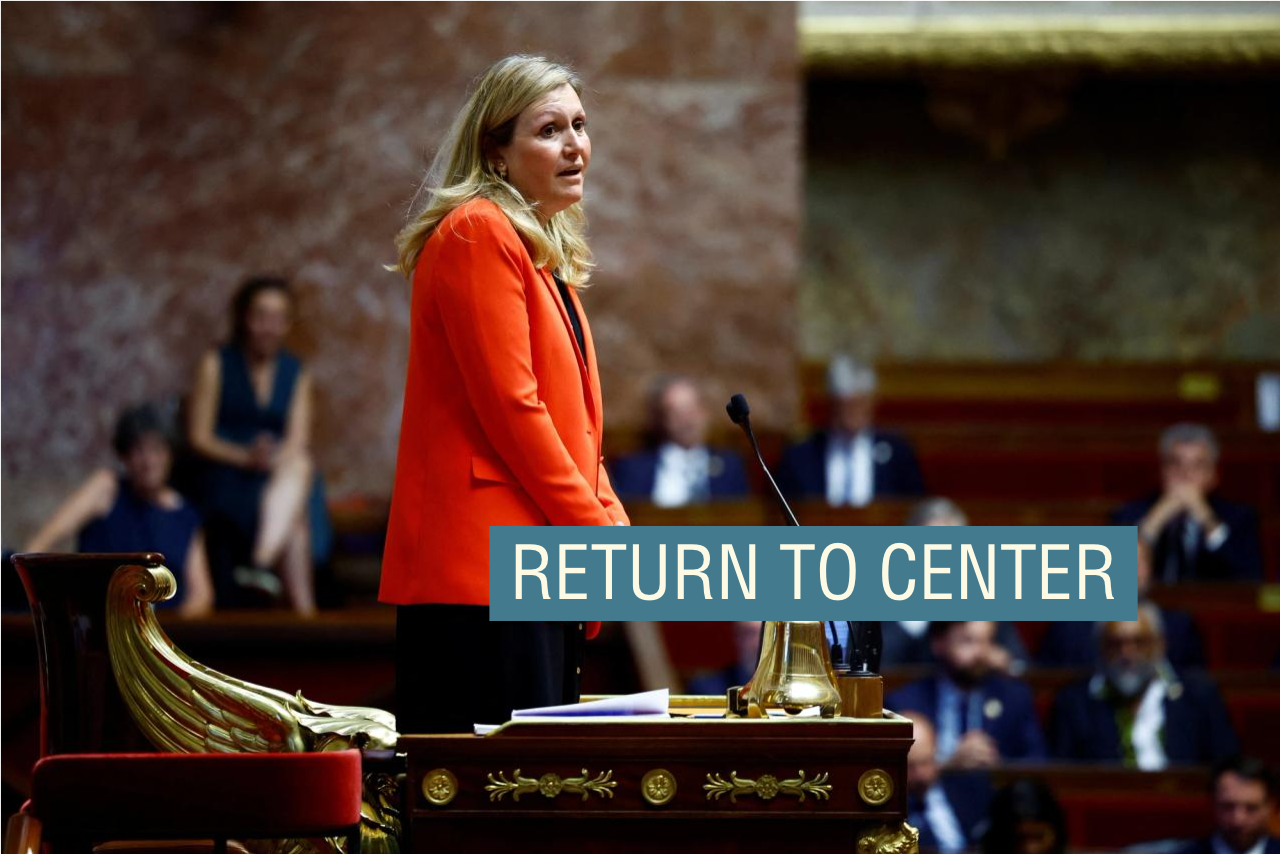 Yael Braun-Pivet, newly elected President of the National Assembly, delivers a speech after results in the third round of votes during the first session after the French parliamentary elections, at the National Assembly in Paris, France, July 18, 2024.