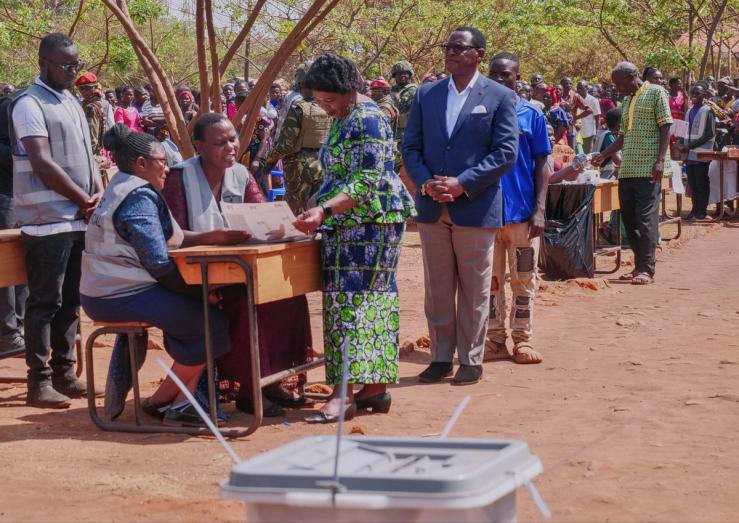 Malawian President Lazarus Chakwera waits to vote in the country’s general election.