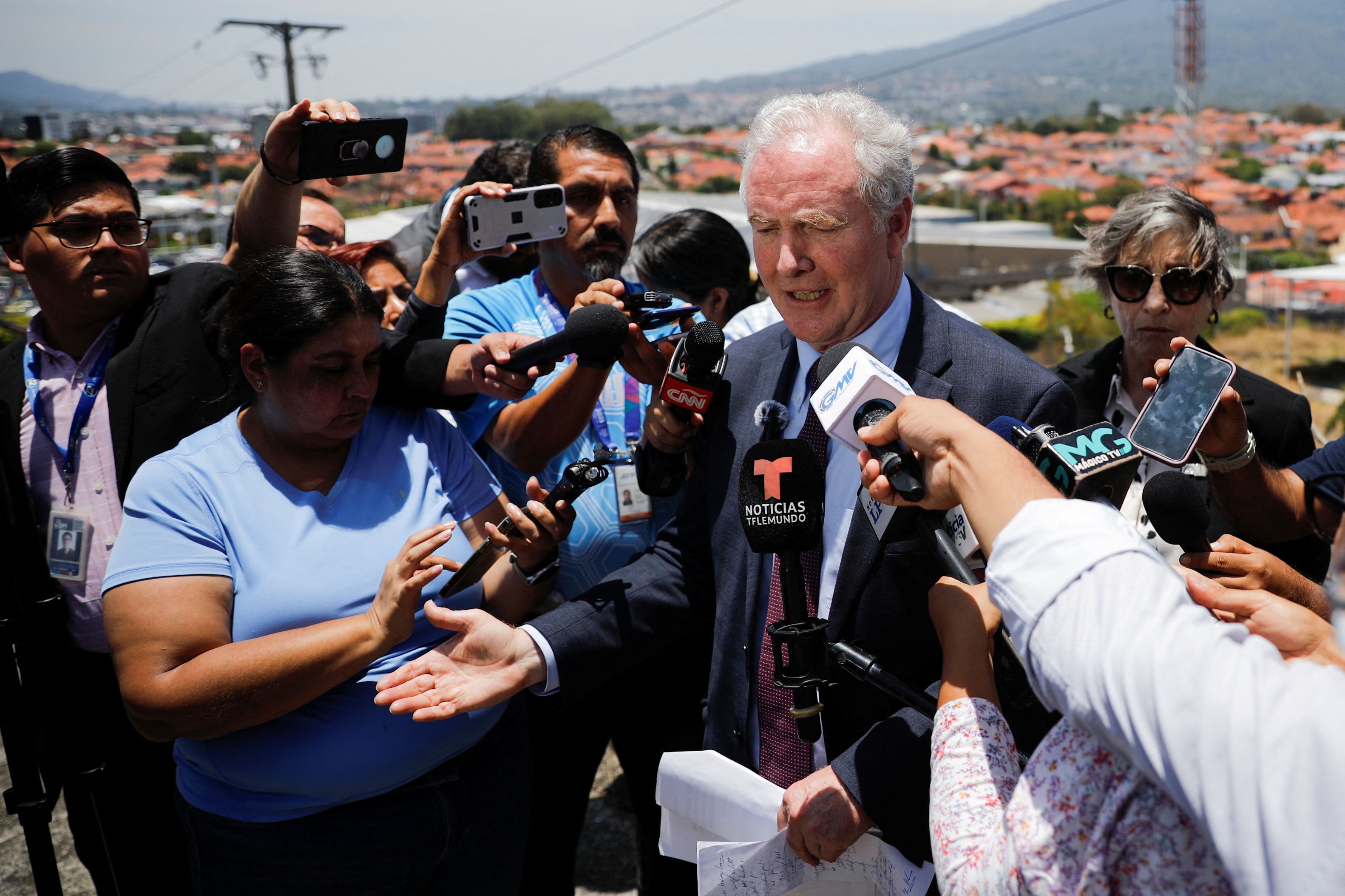 U.S. Senator Chris Van Hollen (D-MD) speaks to the media during a visit to El Salvador.