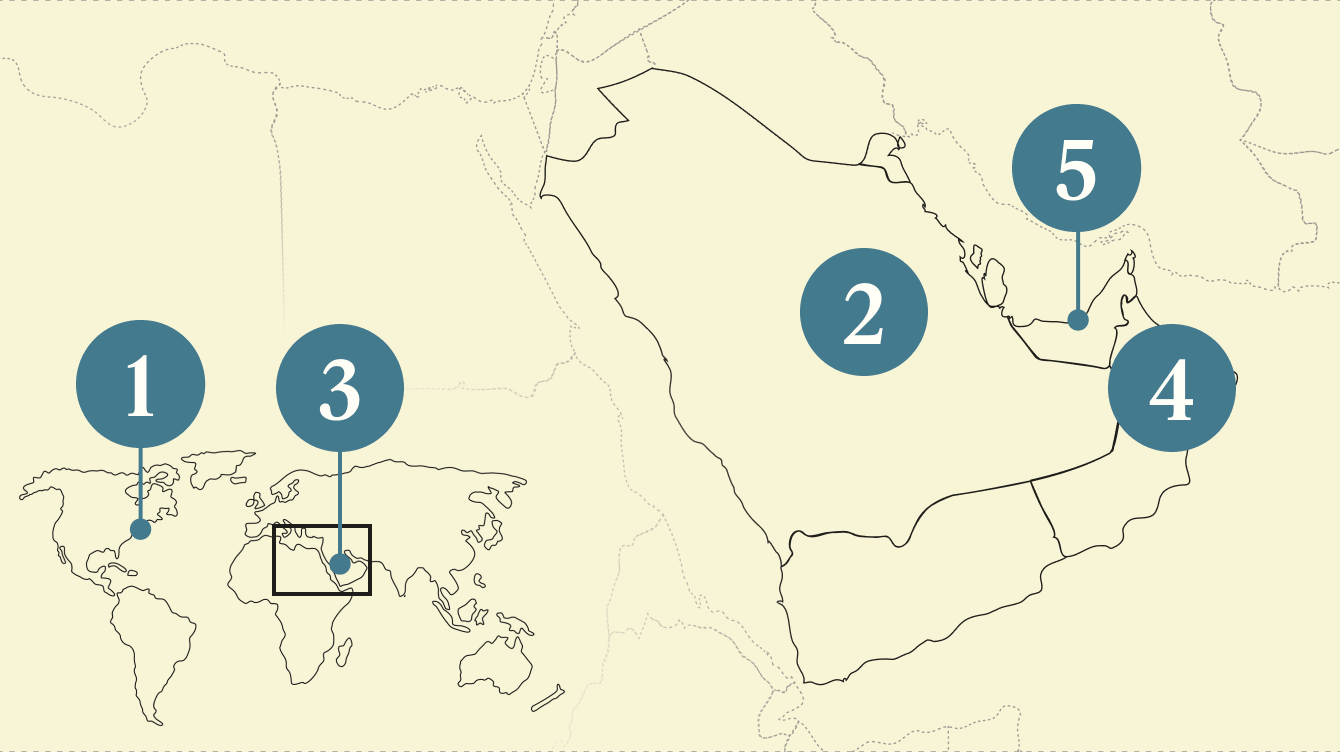 A numbered map of the Gulf region.
